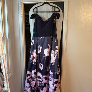 Xscape Navy and Pink Floral Maxi Dress